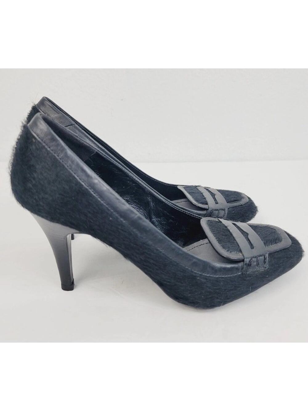 Zara Black Calf Hair Leather 3.5” High Heels Penny Loafer Pumps EU 40 US 8.5